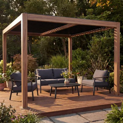 Zdjęcie produktu dla Pergola HWC-L46, altana ogrodowa Altana z lameli, rama aluminiowa 10 cm, rynna przeciwdeszczowa odporna na burzę, 3 x 4 m ~ wygląd drewniany