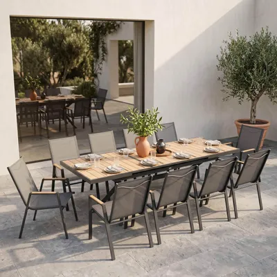 Produktbild von Rechteckiger ausziehbarer Gartentisch 187/250 cm und 10 Stühlen - Oviala Savannah