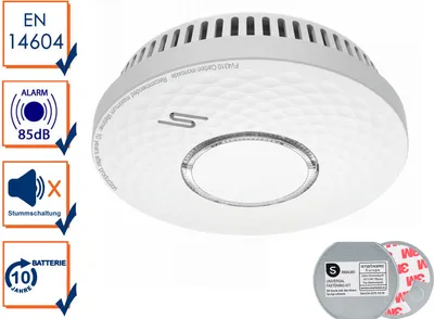 A white smoke and carbon monoxide detector with informational icons on the left and accessories at the bottom right.