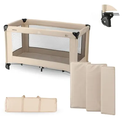 Image de Lit de voyage Deryan pour bébé, avec matelas – 120 x 60 cm – convient aux enfants de 0 à 5 ans – couleur : beige (nougat)