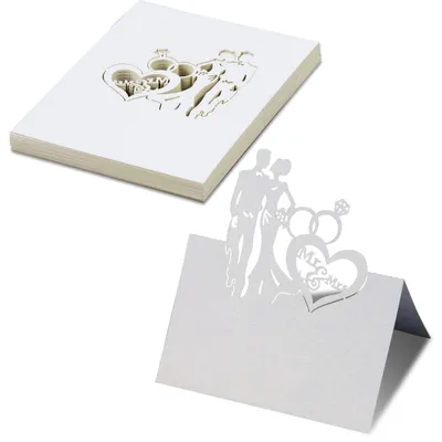 60 weiße Tischkarten, Perlpapier, Lasercut-Ringe, 9x12 cm