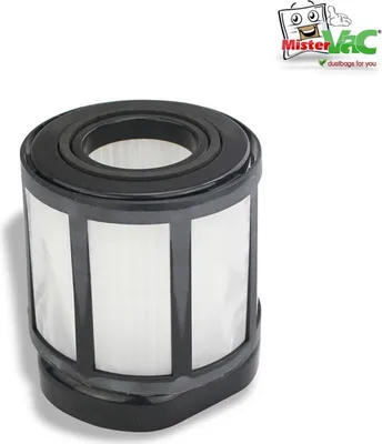 A vacuum cleaner filter is shown against a white background. A logo is visible in the top right corner.
