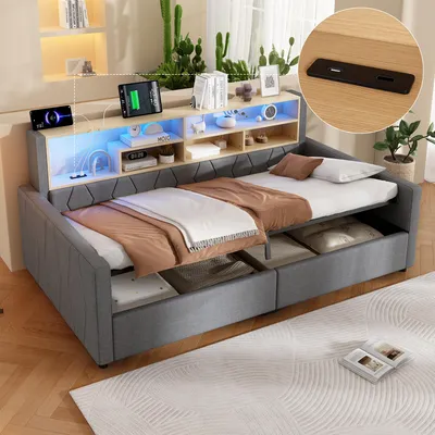 Produktbild von Flieks Tagesbett 90x200cm mit USB, Hydraulikbett Stauraumbett mit offenen Staufächern, Schlafsofa Jugendbett mit Led, Daybed Gästebett Leinen, Grau