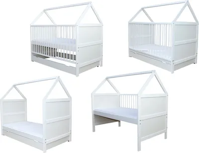 Produktbild von Babybett Kinderbett Juniorbett Haus 140x70cm mit Matratze und Schublade weiss