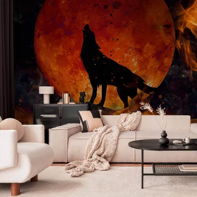 Produktbild von Selbstklebende Folie Fototapete - Wild nature - wolf on a background of a red moon in flames of fire 392x280 cm Tiere g-C-10005-a-a