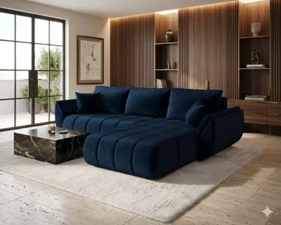Produktbild von CORNERO Ecksofa mit Schlaffunktion SYDNEY PREMIUM Sofa L-Form Couch mit Bettkasten, Eckcouch mit Stauraum Dunkelblau Ottomane rechts