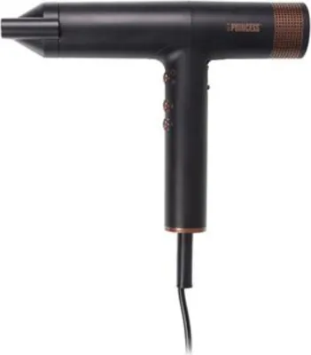 A black hairdryer with copper accents is shown against a white background.
