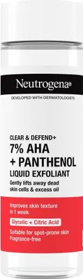 A product shot of a Neutrogena Clear & Defend+ Liquid Exfoliant bottle.