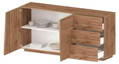 Produktbild von Kommode Ddalessi, Wohnzimmer-Buffet, Wohnzimmer-Kommode mit 2 Türen und 3 Schubladen, 180x44x86 cm, Eiche