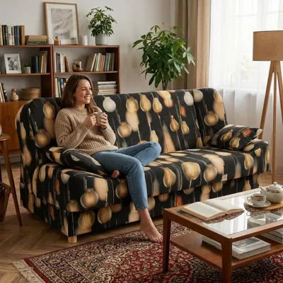 Produktbild von Schlafsofa SARA Design – mit Schlaffunktion und Bettkasten, Webstoff in Schwarz, Family Meble, KI-generiertes Bild