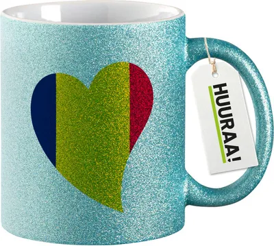 Produktbild von Huuraa Glitzertasse Tschad Flagge Herz 330ml Blau Keramik Kaffeebecher Geschenkidee