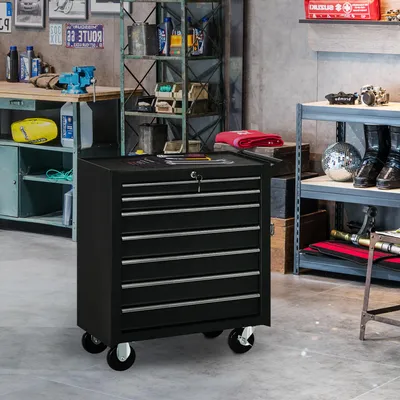 Produktbild von Werkzeugwagen mit Schubladen, Stahl, 7 Schubladen rollbar, Werkstattwagen, Schwarz | 69 x 33 x 75 cm | bis 150 kg | 23 kg