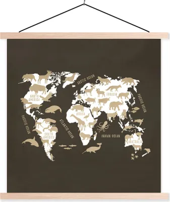 Produktbild von MuchoWow® Textilposter Weltkarte - Weiß - Tiere 120x120 cm mit holzfarbenen Rahmen - Textil-Poster