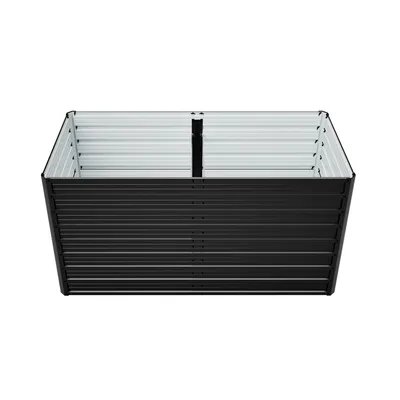 A top-down view of a black and silver raised garden bed.