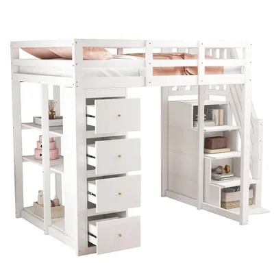 Produktbild von okwish Hochbett 140*200cm mit Aufbewahrungsschublade Kommode und Regalen, Kinderbett mit Sicherheits-Kletterleiter, Multifunktionales Massivholzbett, Jugendbett, Weiß(Ohne Matratze)