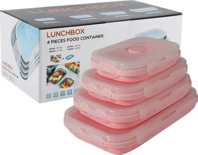 Produktbild von Faltbare Silikon-Aufbewahrungsbox mit Deckel, tragbar, platzsparende Bento-Box, mikrowellengeeignet, 4er-Set, rosa