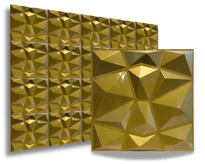 Two panels of gold 3D wall panels are shown against a white background. One panel is larger and in the background, while a smaller, single panel is in the foreground.
