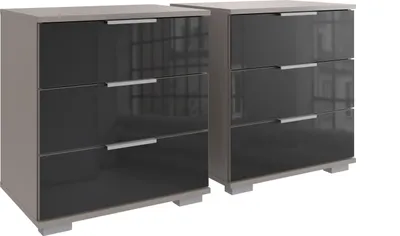 Obrázek produktu pro Nachtkommode >Easy Plus< (2er-Set) je 3 Schübe, SAHARAGRAU + GLAS SCHWARZ - 52x58x38 (BxHxT)