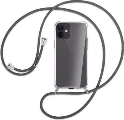 Produktbild von Handykette Backcover-Schutzhülle mit Band (Metall silberfarben) für Apple iPhone 12 Mini - dunkelgrau