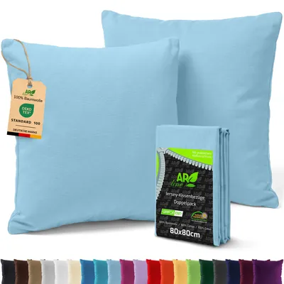 Produktbild von AR Line 2er Pack Jersey Kissenbezüge 80x80 Baumwolle – weich, pflegeleicht, Kissenhüllen mit Reißverschluss, in Farbe: Hellblau