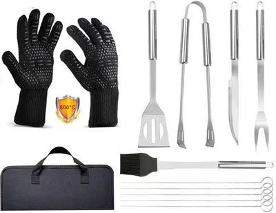 Produktbild von 9-BBQ Werkzeugset mit Grillhandschuhen (800 °C),Edelstahl-Grillset