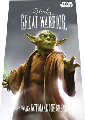 Yoda from Star Wars is depicted in a heroic pose, holding a green lightsaber. Text overlays provide a quote and the Star Wars logo.