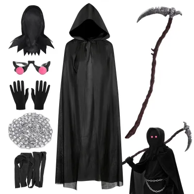 Produktbild von Kinderkostüm Sensenmann, 6-teilig, Größe 158-175, inklusive schwarzer Cape und Maske, für Halloween