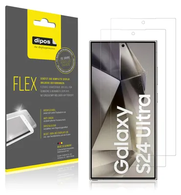 A product packaging for screen protectors for a Samsung Galaxy S24 Ultra, shown next to the actual screen protectors on a phone display.