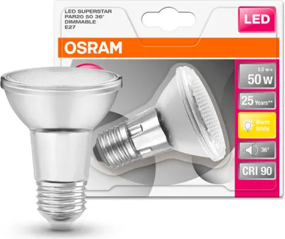 Produktbild von Osram LED Refl PAR20 E27 36° 5W 2700K 345lm dimm, 5 W, 50 W, E27, 345 lm, 25000 h, Warmweiß