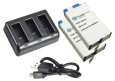 Produktbild von Trade-Shop 3-fach Ladegerät für SPCC1B ACBAT-001 Li-Ion Akkus + 2x Akku 1400mAh - geeignet für GoPro Max Kamera / Ladestation mit Micro-USB Kabel