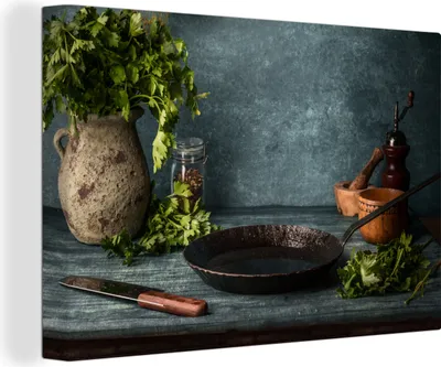 Produktbild von OneMillionCanvasses® - Leinwandbilder - 140x90 cm, Kräuter - Gewürze - Pfanne - Messer - Grau - Rustikal, Wandbilder Kunstdruck Wanddekoration - Foto auf Leinwand - Gemälde auf