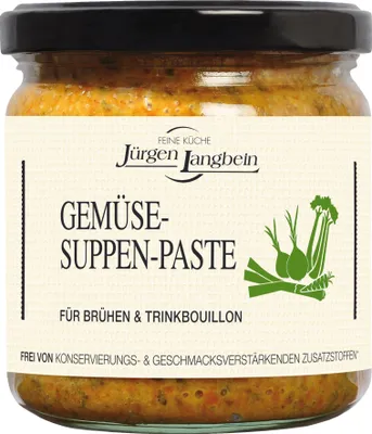 A jar of vegetable soup paste with a label.
