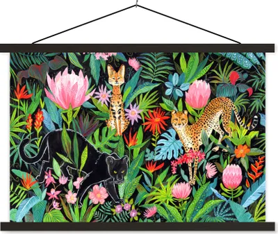 Produktbild von MuchoWow® Textilposter Dschungel - Pflanzen - Tiere 90x60 cm mit schwarzem Rahmen - Aufhängungssatz