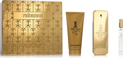 A gift set of Paco Rabanne 1 Million fragrance products, including a gift box, shower gel, and two spray bottles, arranged on a white background.