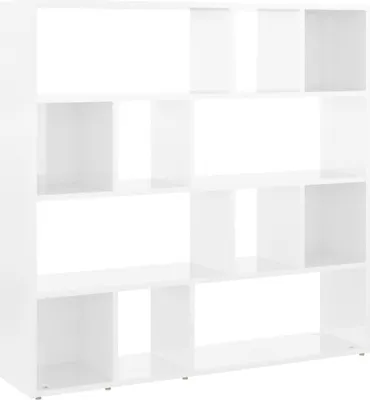 A white, multi-compartment bookshelf against a white background.