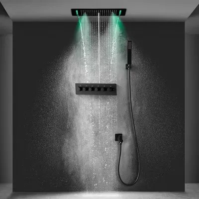 Produktbild von OIHPAW Thermostat-Duschsystem mit Regendusche, Handbrause, Hydrotherapie-Strahl & Massage-Wasserfall, Edelstahl 304 in Schwarz, 5 Strahlmodi
