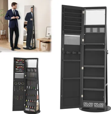 Image de TWOLIIN Miroir Armoire à bijoux Rangement pour bijoux pivotant à 360°avec lampes LED et serrure de sécurité Armoire à glace debout 3 en 1 Miroir de maquillage intérieur 161 x 54.5 x 10 cm Noir