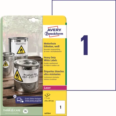 Obrázek produktu pro Avery L4775-8, Bílá, Samolepicí štítek, A4, Polyester, Laser, Permanentní