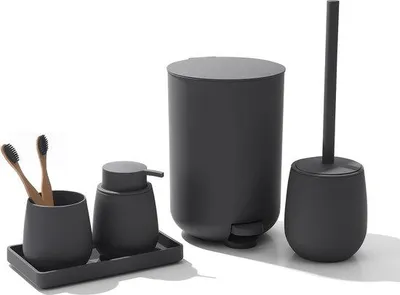 Productafbeelding van Grijze badkameraccessoireset, organiseringsaccessoires voor de badkamer, set bestaande uit een afvalbakje, toiletborstel, zeepdispenser en bekertje voor tandenborstels, serveerplank (grijs)