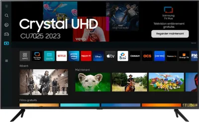 A Samsung Crystal UHD TV displaying its smart hub interface with various app icons and content previews.