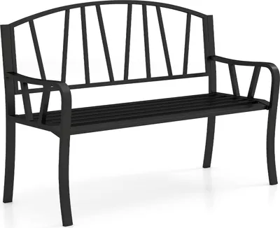 A black metal garden bench is shown against a white background.