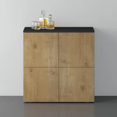 Image de doporro Buffet Commode 76cm Meuble de Rangement Gris Noir Mat et Chêne Clair Placard Salon Salle à Manger 4 Portes Schrank04