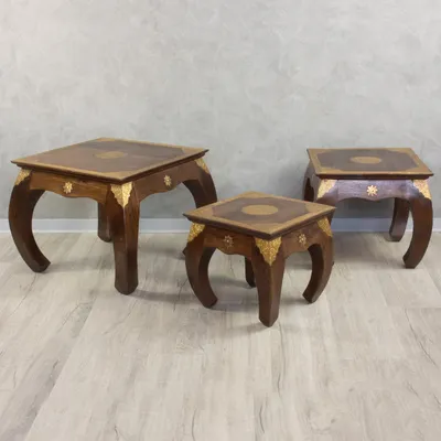 Produktbild von Indischer Opiumtisch mit Messing Verzierung Tisch Tischchen Nachttisch Hocker Asien Braun Gold Groß