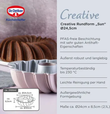 Immagine prodotto di Dr Oetker Creative tin tonda Sun Ø 24 x 8,5 cm, 2100 ml, teglia di alta qualità per bundt cake, rivestimento antiaderente e senza PFAS, oro rosa, resistente al calore fino a +230°C