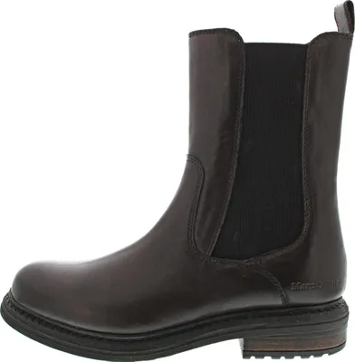 A side view of a dark brown leather Chelsea boot.