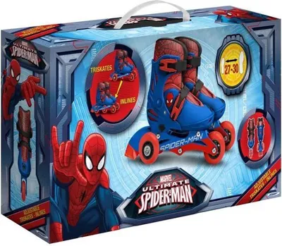 The image shows the retail packaging for Spider-Man inline skates.