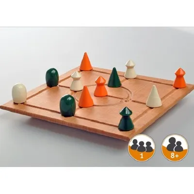 A wooden board game with multiple colored pieces arranged on it.