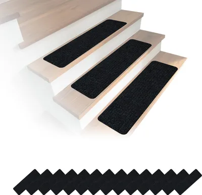Image de Lot de 16 tapis d'escalier Relaxdays, tapis d'escalier rectangulaires, 65 x 20 cm, tapis d'escalier autocollants, noir