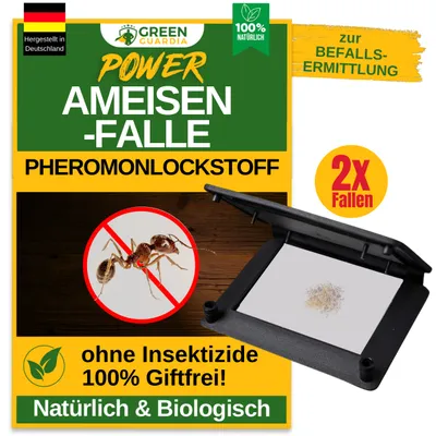 A promotional image for an ant trap, showing the packaging and the product itself.