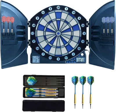 Produktbild von Best Sporting Dart Set Cambridge Xtra mit 12 Dartpfeilen & 24 Ersatzspitzen I Dartscheibe elektronisch im hochwertigen Set I elektronische Dartscheibe mit LED-Anzeigen I Dartboard Kabinet
